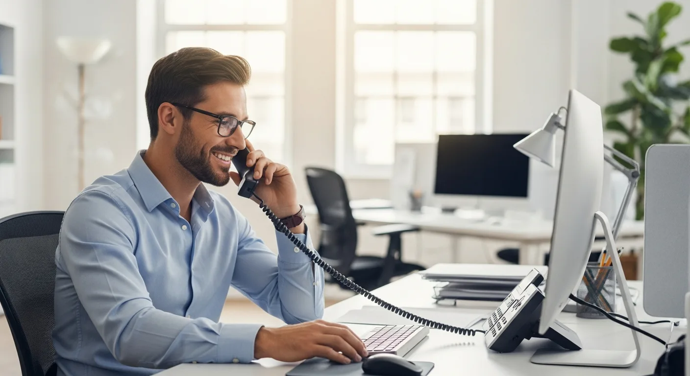 Modern office desk featuring scalable business telephone systems to support company growth and communication.