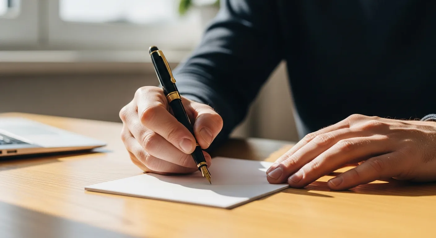 A professional man writing personalized business thank you cards on a clean, modern desk.
