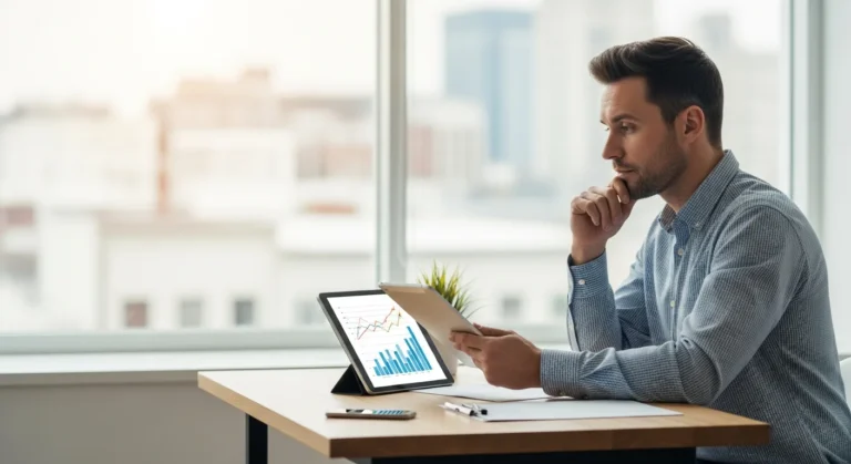 A professional entrepreneur applying business tips robthecoins to achieve modern growth in a sleek office environment.