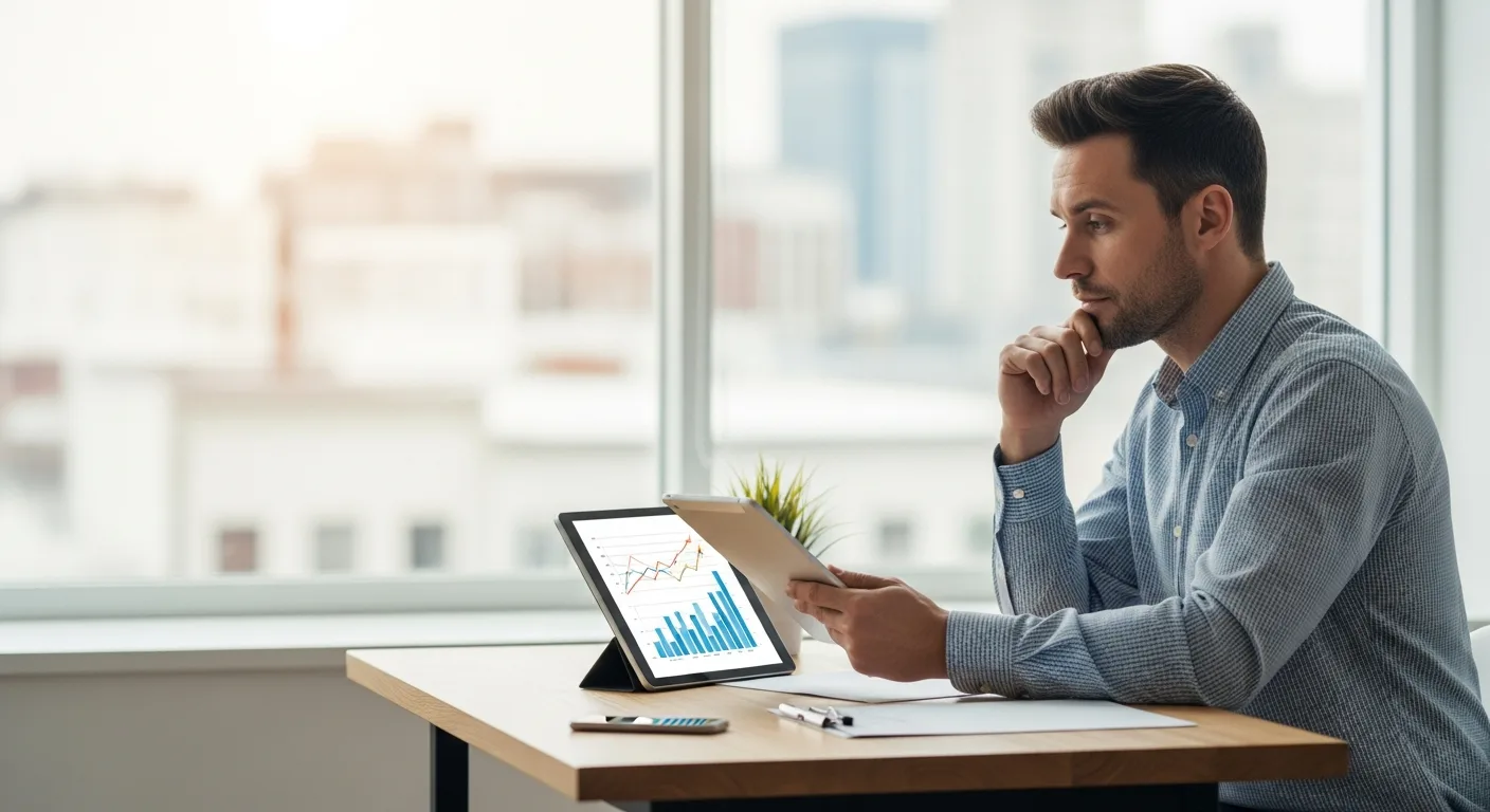 A professional entrepreneur applying business tips robthecoins to achieve modern growth in a sleek office environment.