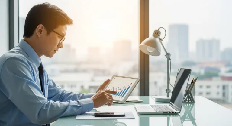 A man using a business valuation calculator on a tablet to determine his company's market value.