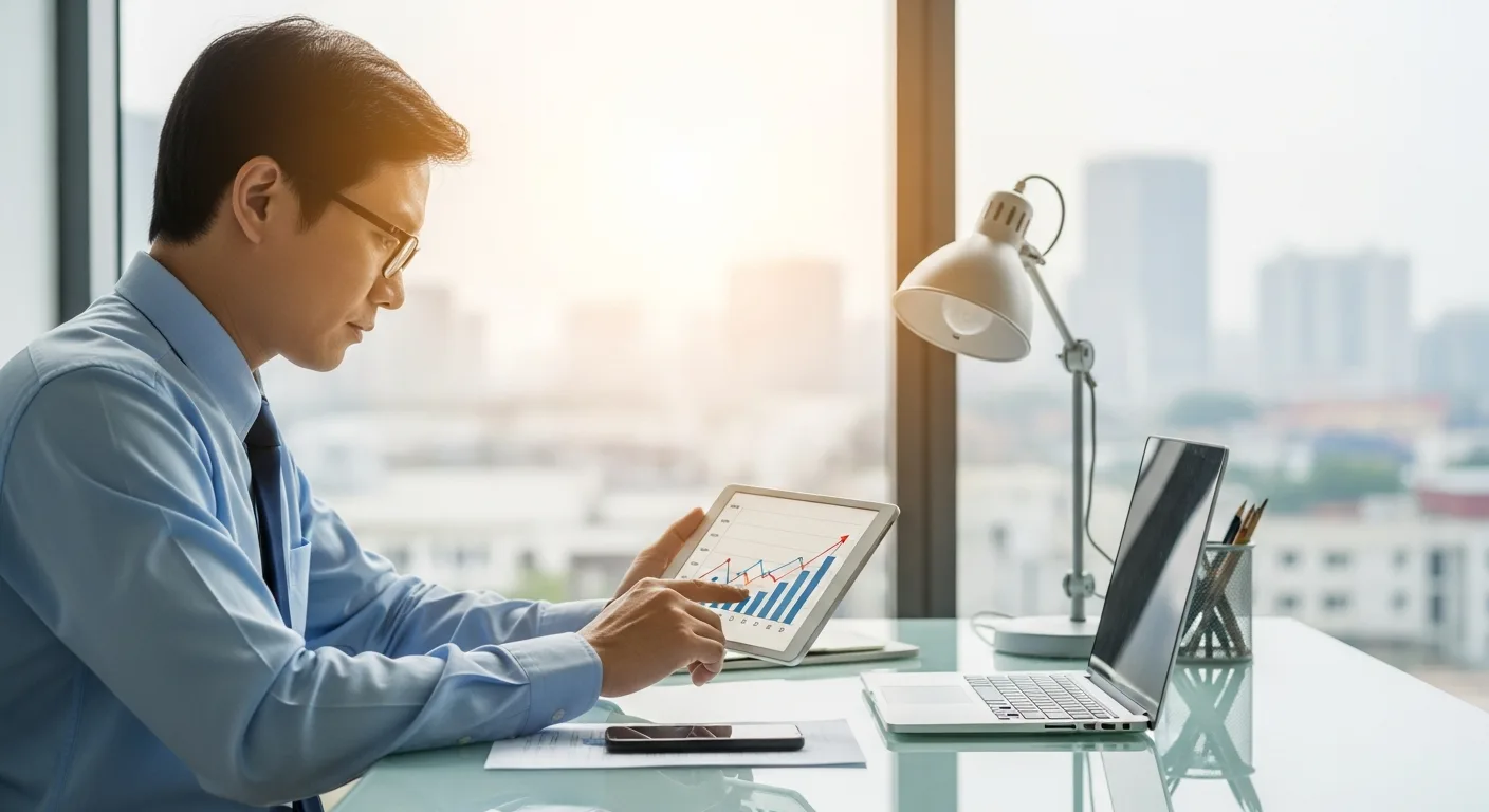 A man using a business valuation calculator on a tablet to determine his company's market value.