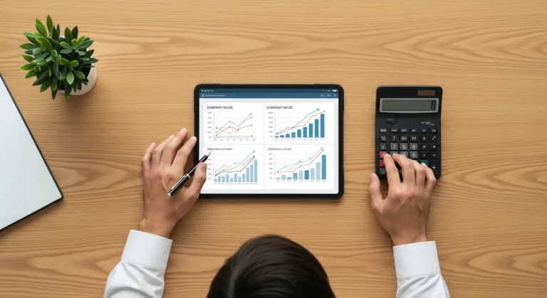 Professional financial advisor calculating company worth using various business valuation methods.