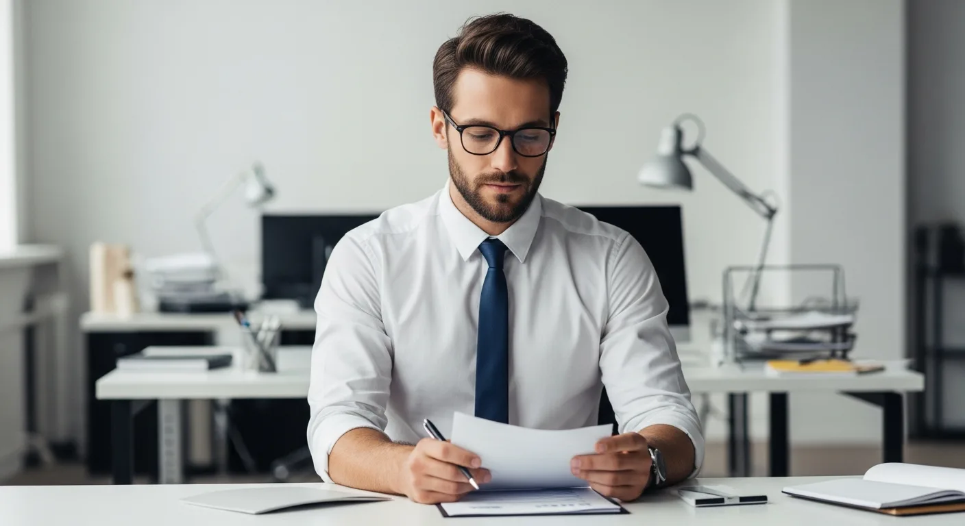 A focused professional man demonstrating the difference between busyness vs business through strategic work.