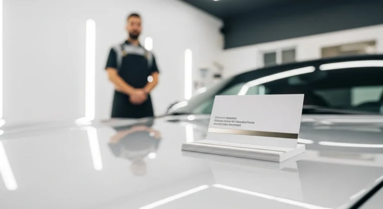 Premium car detailing business cards resting on the polished hood of a high-end luxury vehicle.