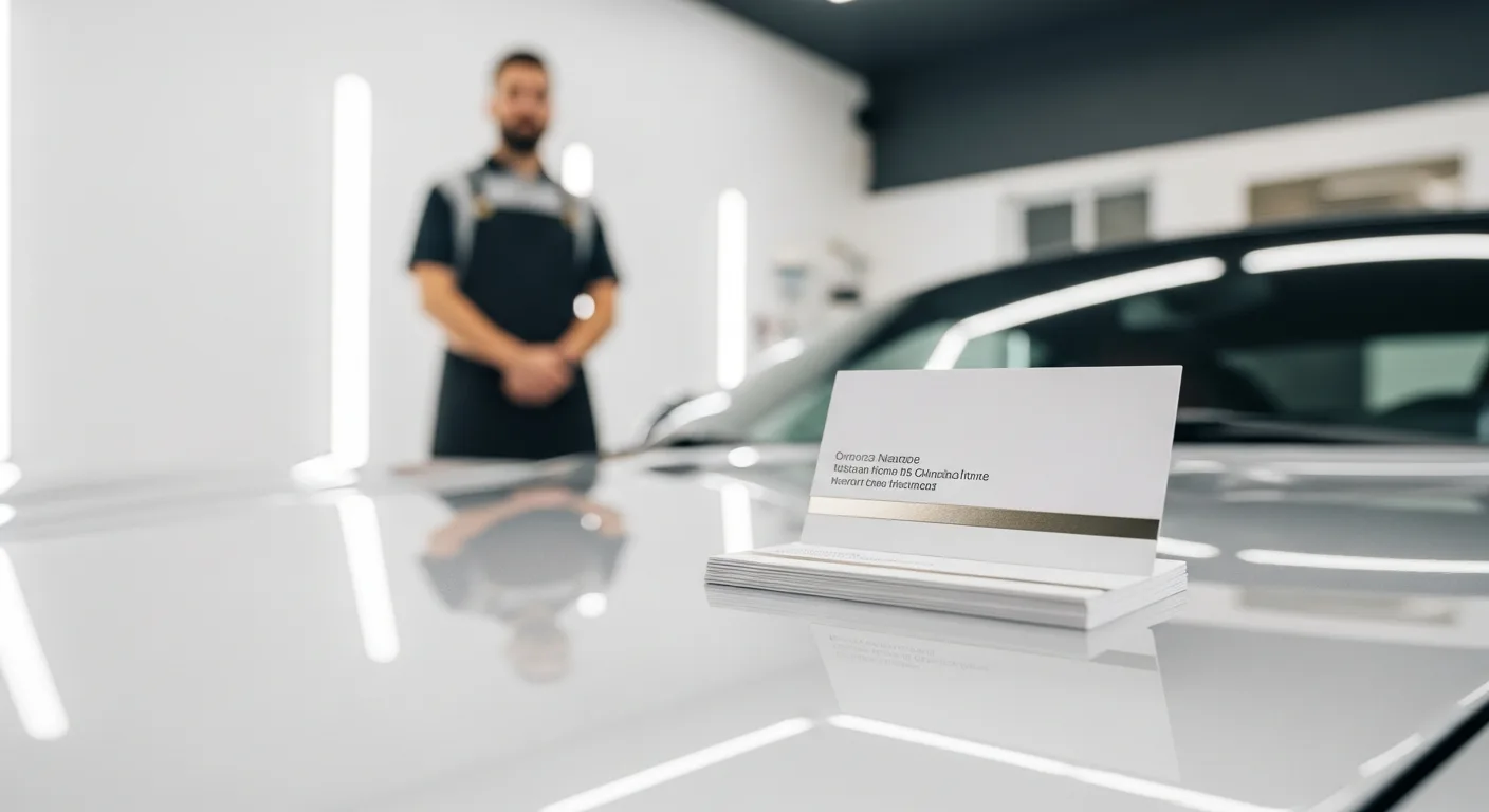 Premium car detailing business cards resting on the polished hood of a high-end luxury vehicle.