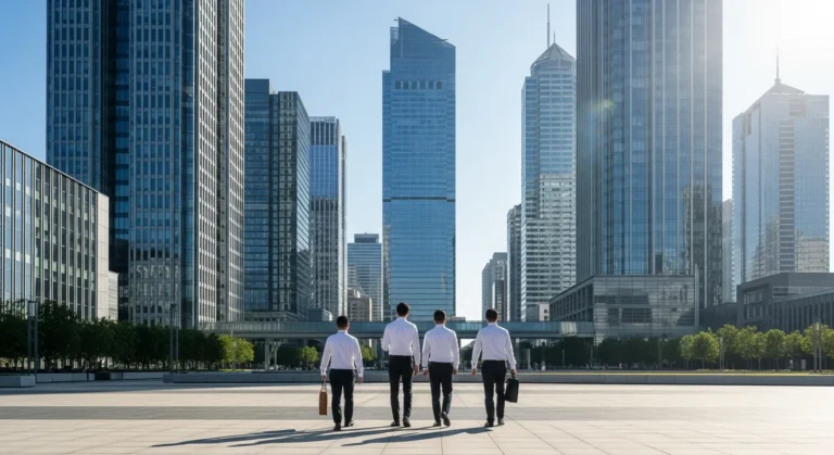 A bustling central business district skyline with modern skyscrapers symbolizing global commerce.