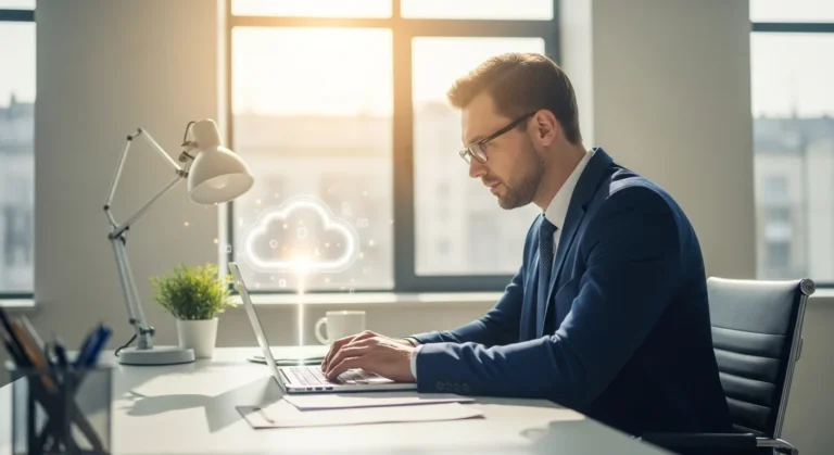 A professional man using cloud computing for small business to optimize and transform daily operations.