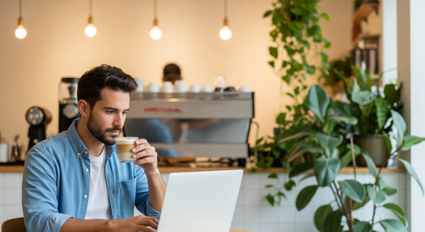 A professional man reviewing a coffee shop business plan on a laptop at a sunlit wooden cafe table.
