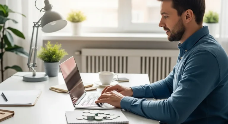 A man using efficient accounting software for small business owners on a laptop in a bright office.