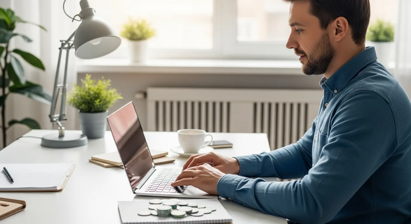 A man using efficient accounting software for small business owners on a laptop in a bright office.