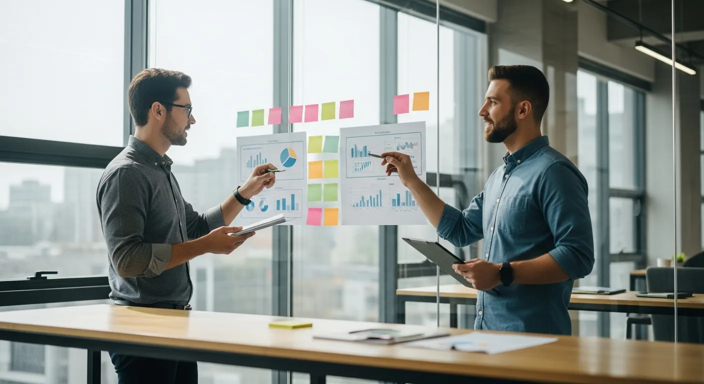 A professional team planning an agile business model for startups on a glass office wall.