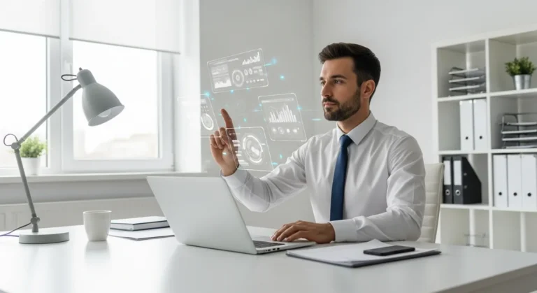 A professional man utilizing AI agents for business productivity 2026 in a modern, tech-enabled office space.
