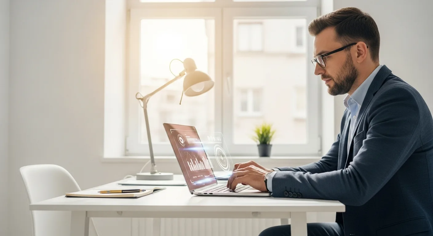 A professional optimizing AI automation for small business workflows on a laptop in a modern office.