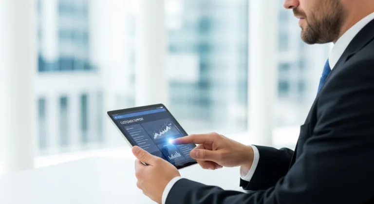 A professional man monitoring an AI chatbot for customer service on a tablet to drive business scaling and growth.