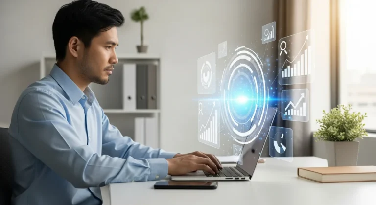 A professional evaluating the best AI-powered SEO tools for entrepreneurs on a modern laptop.