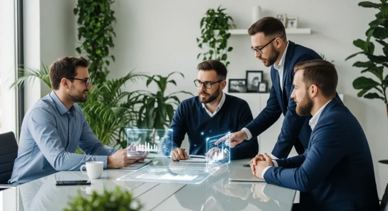 Professional men in a modern office using AI workflow automation for teams to streamline productivity and tasks.