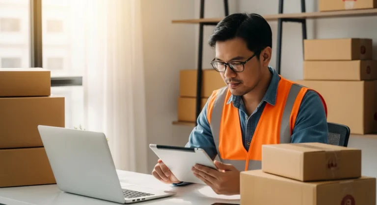 A professional entrepreneur managing an Amazon FBA business setup 2026 using a laptop and shipping boxes.