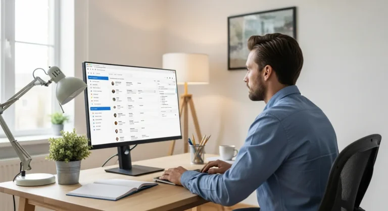 A professional using async communication tools for remote teams to manage tasks and boost productivity.