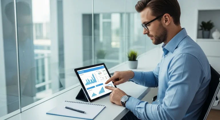 A businessman reviewing the best business bank accounts 2026 on a digital tablet in a modern office.