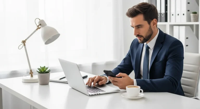 A professional man researching the best side hustles for entrepreneurs 2026 on a laptop in a modern home office.