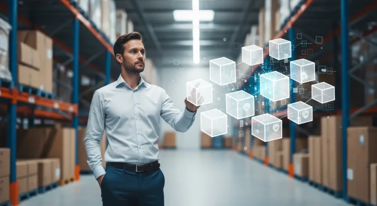A digital visualization of blockchain for supply chain management showing secure data links across a global shipping map.