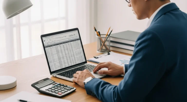 Comprehensive bookkeeping business startup guide featuring a professional man managing financial data in a home office.