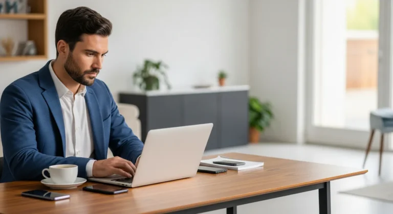 A male entrepreneur bootstrapping a business in 2026 from a minimalist home office setup.