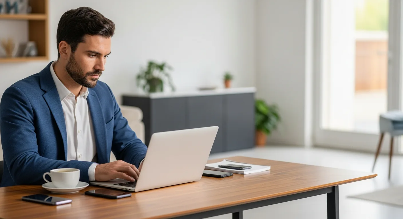 A male entrepreneur bootstrapping a business in 2026 from a minimalist home office setup.