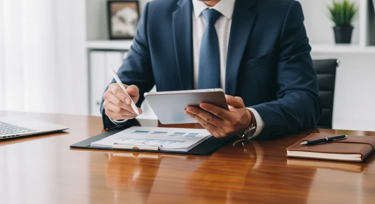 A professional reviewing a business acquisition checklist on a digital tablet in a modern corporate setting.