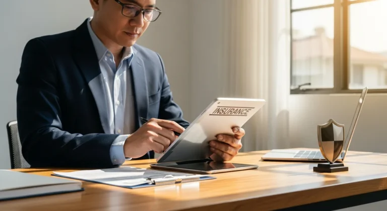 A business insurance guide for startups featuring a man reviewing digital policy documents in a modern office.