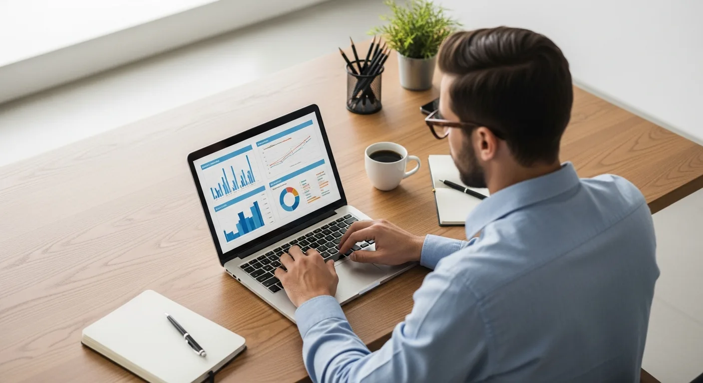 A professional entrepreneur reviewing a business plan template for startups on a laptop to secure investor funding.