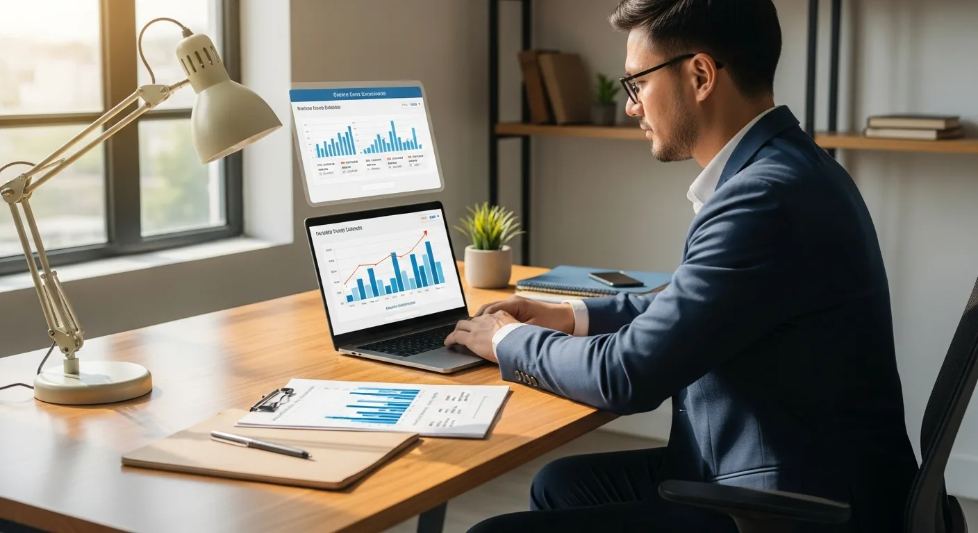 A professional man reviewing data analytics while considering buying an existing ecommerce store for his business.