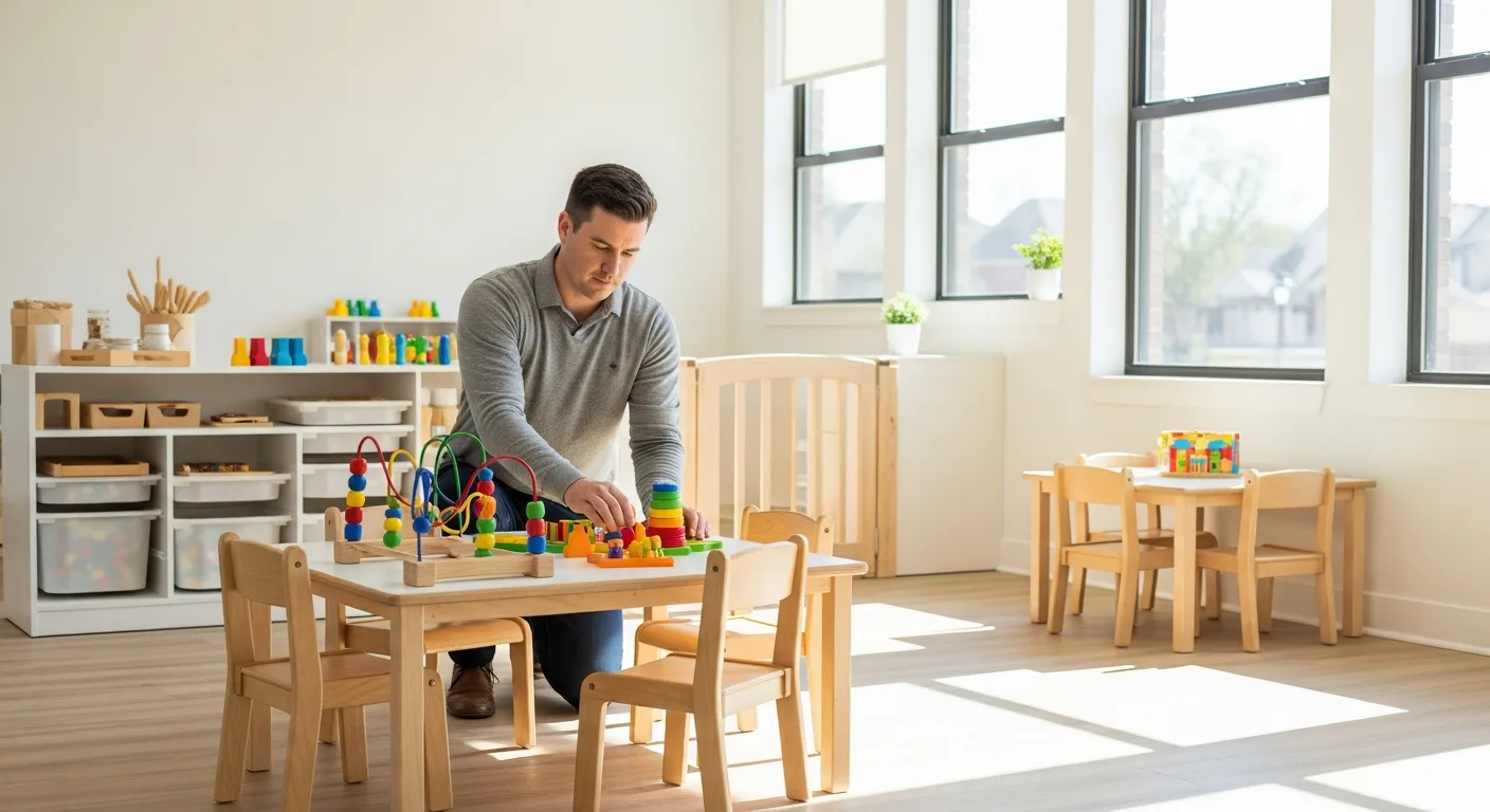 A professional man organizing a modern nursery, part of a comprehensive child care business startup guide.