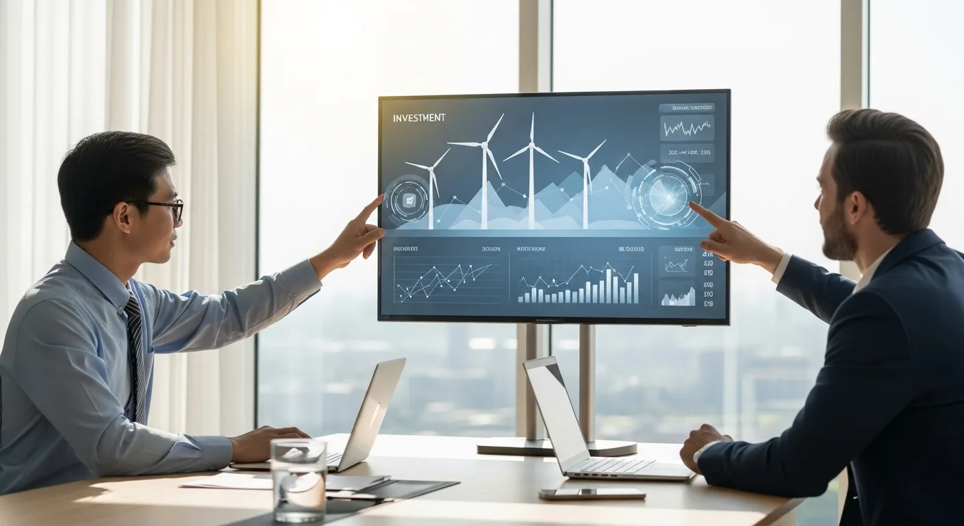 Male founders reviewing growth charts for cleantech startup funding 2026 in a modern sustainable office.