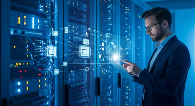 An IT expert reviewing scalable cloud storage solutions for businesses in a modern high-tech data center.