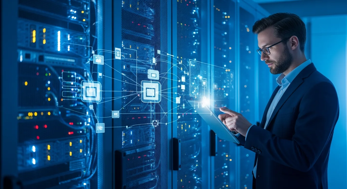 An IT expert reviewing scalable cloud storage solutions for businesses in a modern high-tech data center.
