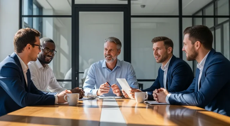 Professional men collaborating on a community-led growth business model strategy in a modern office.