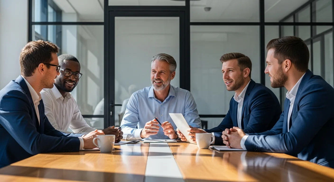 Professional men collaborating on a community-led growth business model strategy in a modern office.