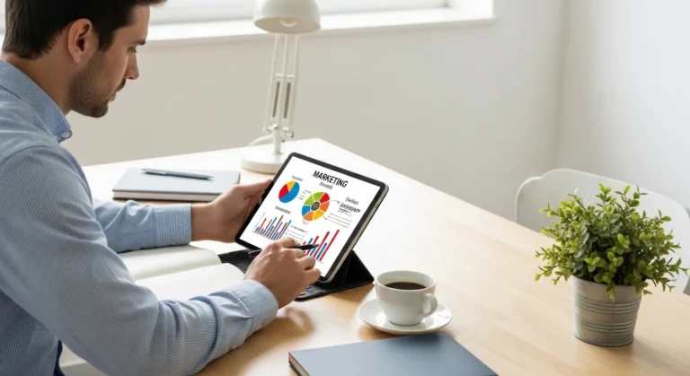 A male entrepreneur reviewing a content marketing plan for small business on a digital tablet at a modern desk.