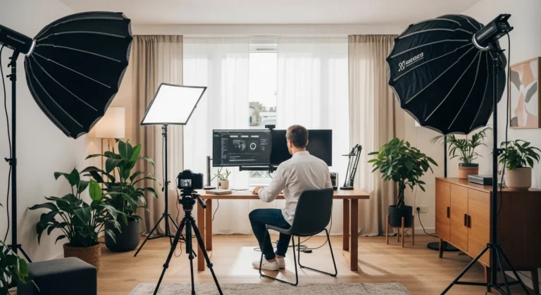 A professional researching creator economy business ideas 2026 in a modern, high-tech home studio setup.