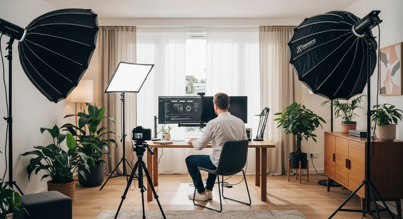 A professional researching creator economy business ideas 2026 in a modern, high-tech home studio setup.