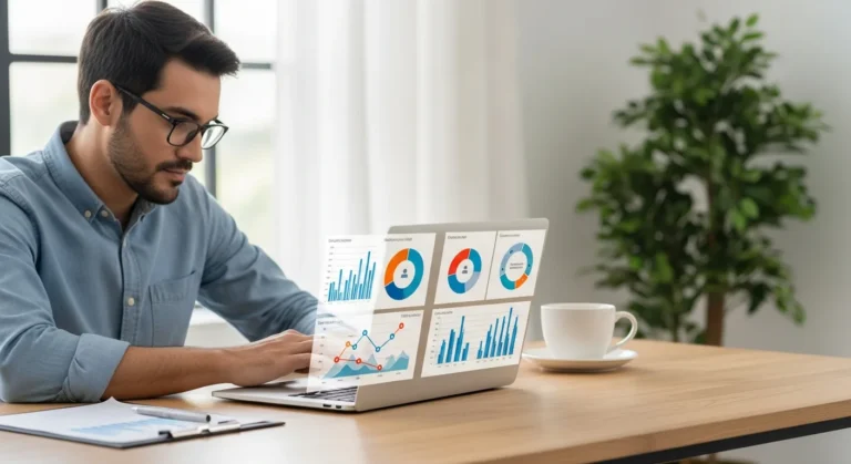 A professional analyzing growth metrics using CRM software for small businesses on a clean laptop interface.