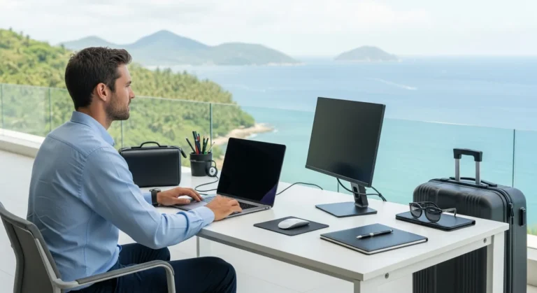 A professional man working remotely at a beach resort, exploring trending digital nomad business ideas 2026.