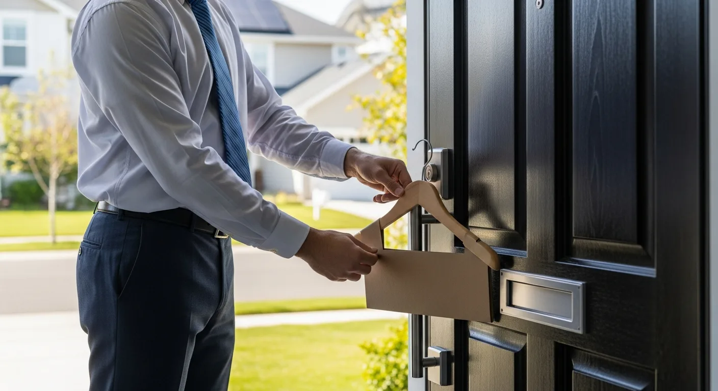 A professional man placing high-quality door hangers for business on a modern residential front door handle.