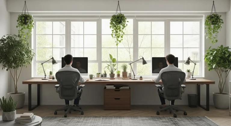 Modern double desk home office setup with symmetrical workstations, ergonomic chairs, and natural lighting.