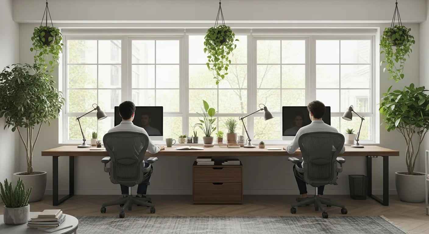 Modern double desk home office setup with symmetrical workstations, ergonomic chairs, and natural lighting.