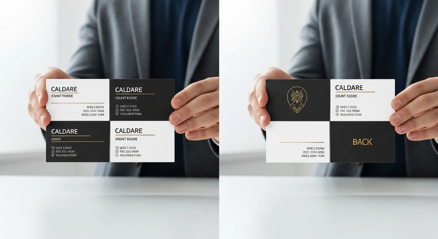 A man holding premium double sided business cards at a modern desk.