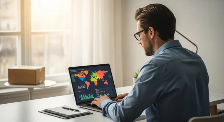 A professional man analyzing market trends for the dropshipping business model 2026 on a laptop in a modern office.
