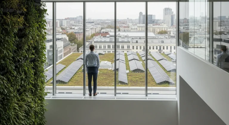 A businessman working in a green office representing eco-friendly business practices 2026 with solar panels.